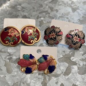 Cloisonne Floral Earrings - Red, Blue & Teal